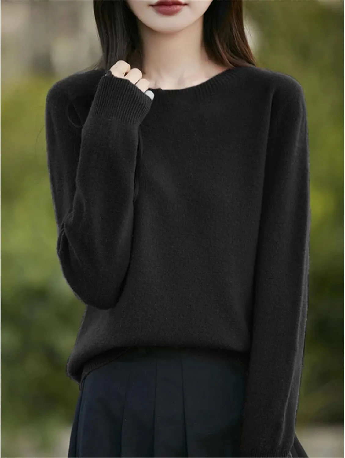 Womens Merino Wool Warm Sweaters Solid Crew-Neck Jumpers Long-Sleeve Casual Slim Pullovers Tops