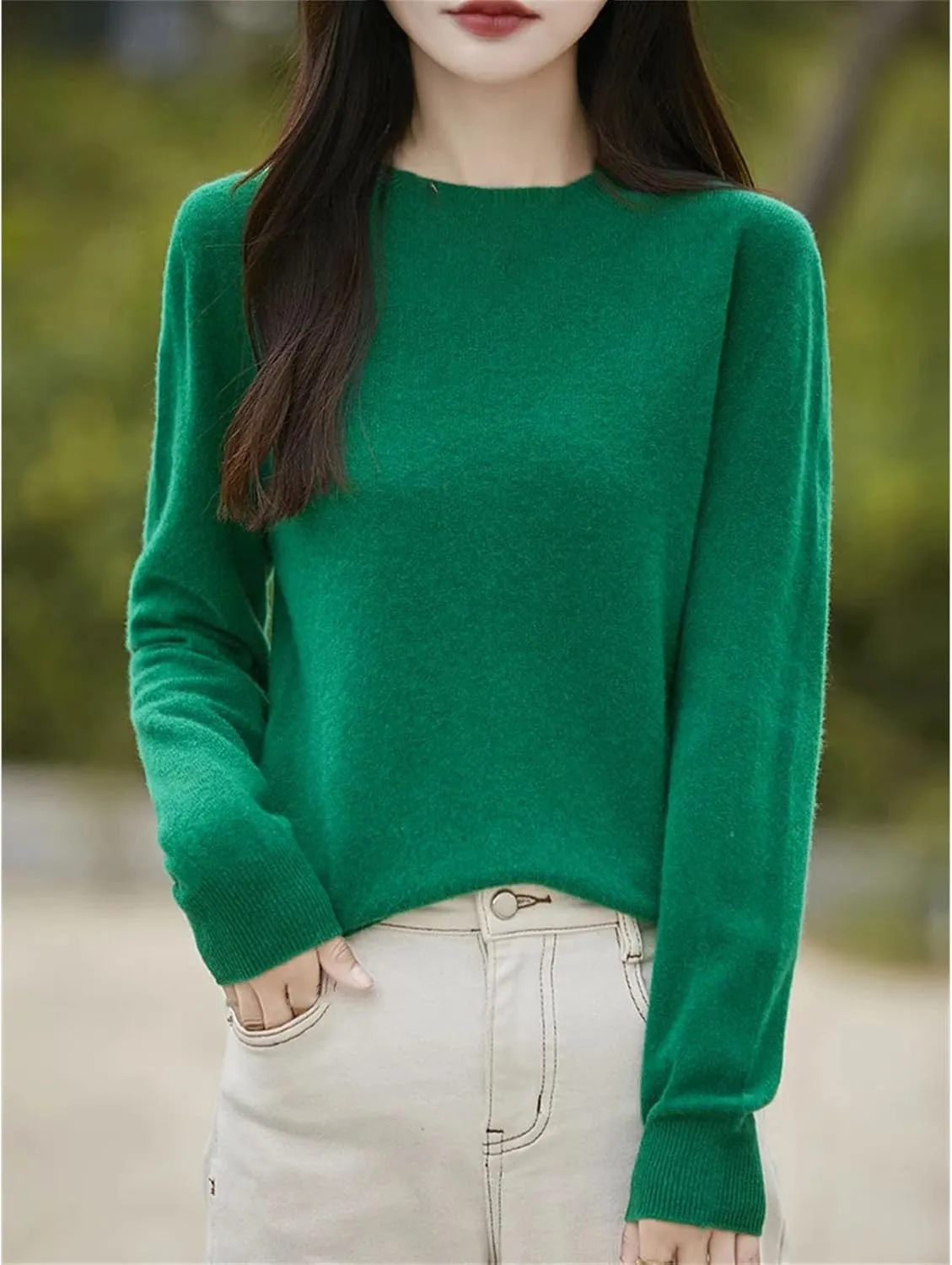 Womens Merino Wool Warm Sweaters Solid Crew-Neck Jumpers Long-Sleeve Casual Slim Pullovers Tops