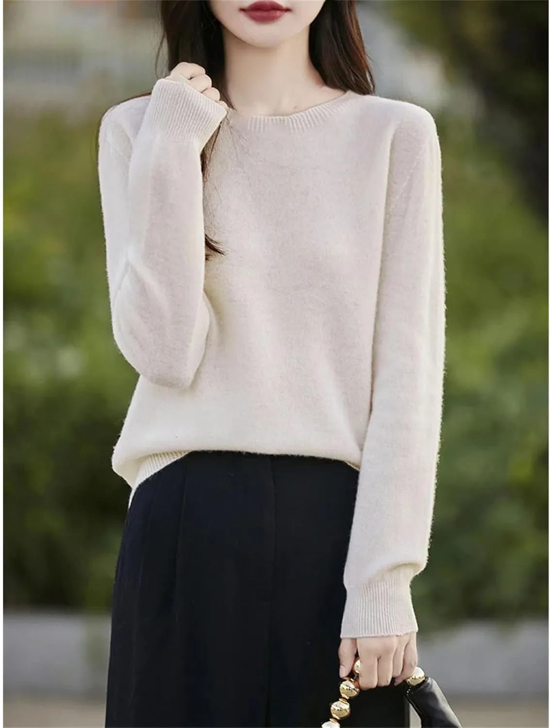 Womens Merino Wool Warm Sweaters Solid Crew-Neck Jumpers Long-Sleeve Casual Slim Pullovers Tops