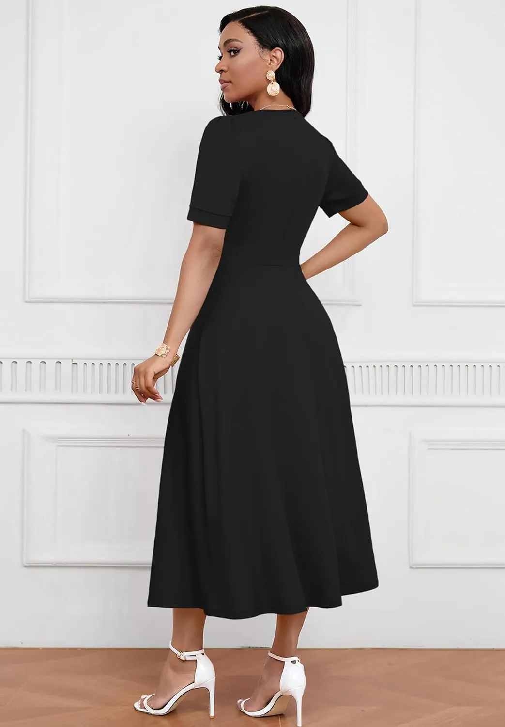 Womens Midi Dresses V Neck Cocktail Church Tea Dresses Short Sleeve A-Line Swing Dresses