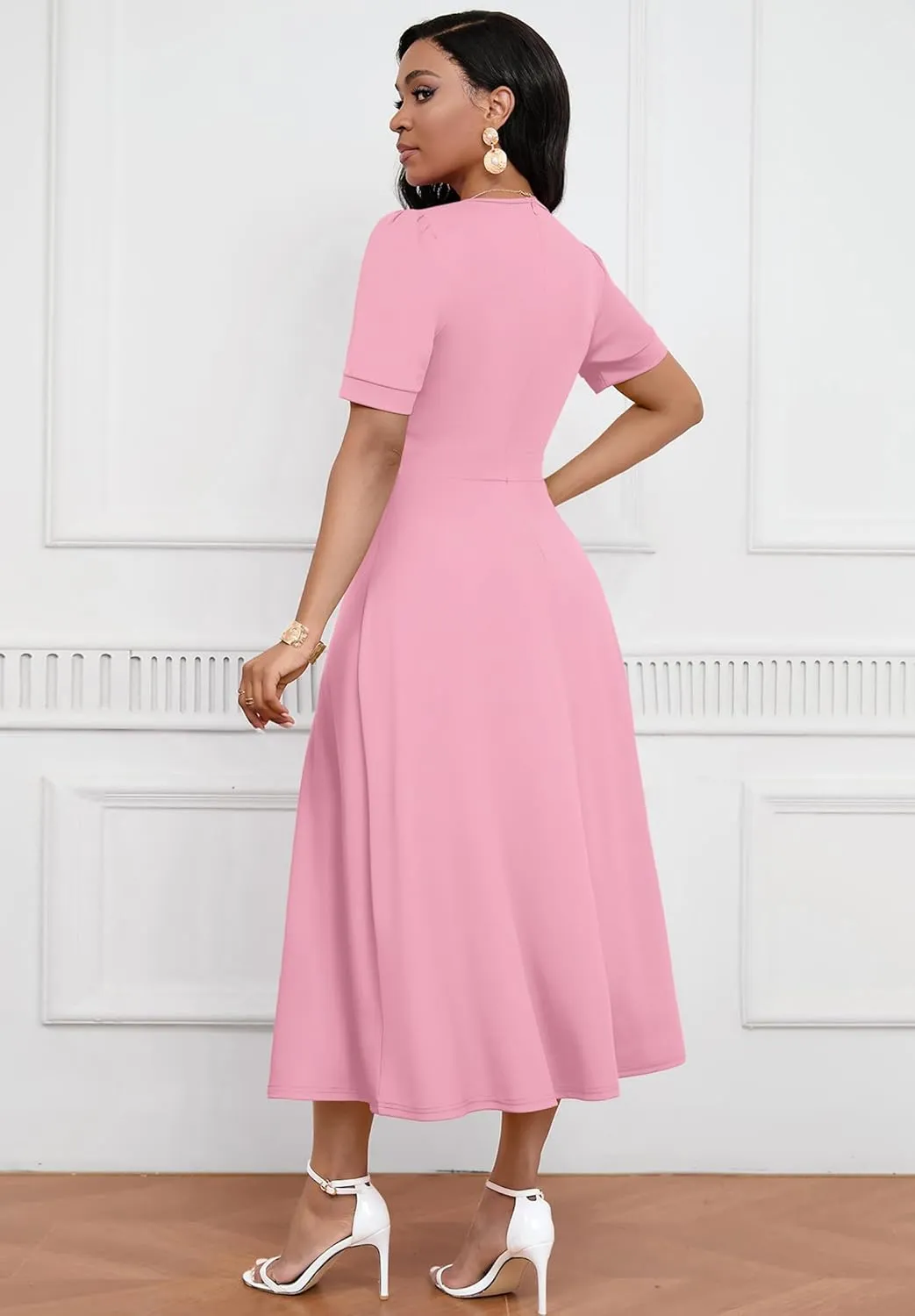 Womens Midi Dresses V Neck Cocktail Church Tea Dresses Short Sleeve A-Line Swing Dresses