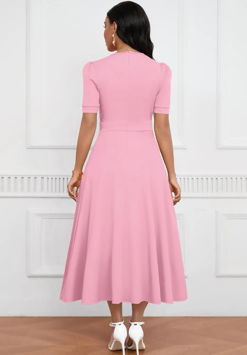 Womens Midi Dresses V Neck Cocktail Church Tea Dresses Short Sleeve A-Line Swing Dresses