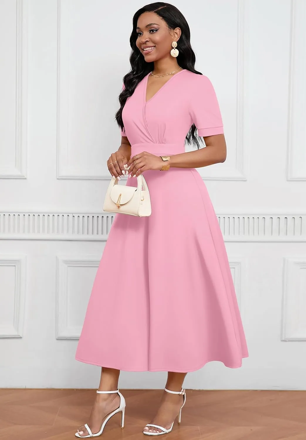 Womens Midi Dresses V Neck Cocktail Church Tea Dresses Short Sleeve A-Line Swing Dresses