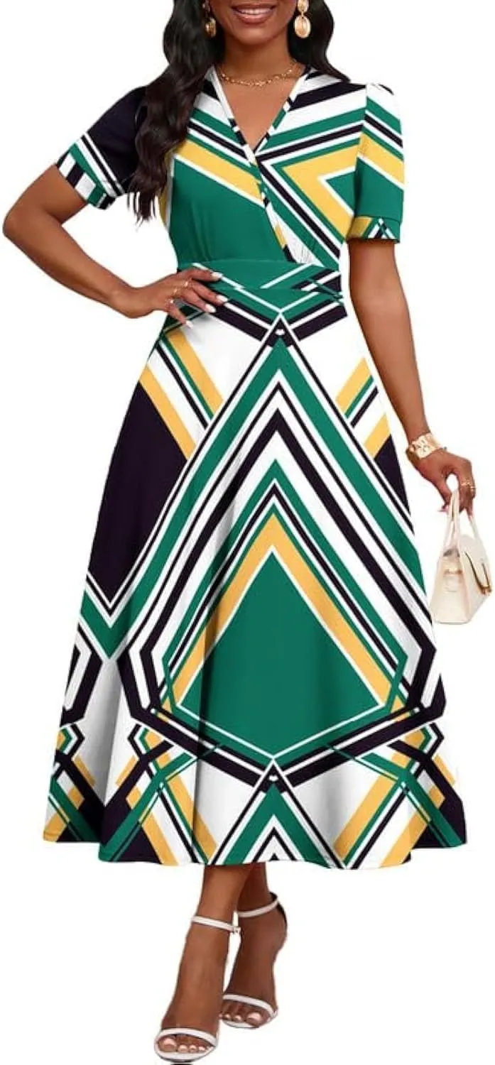 Womens Midi Dresses V Neck Cocktail Church Tea Dresses Short Sleeve A-Line Swing Dresses
