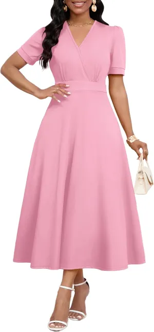Womens Midi Dresses V Neck Cocktail Church Tea Dresses Short Sleeve A-Line Swing Dresses