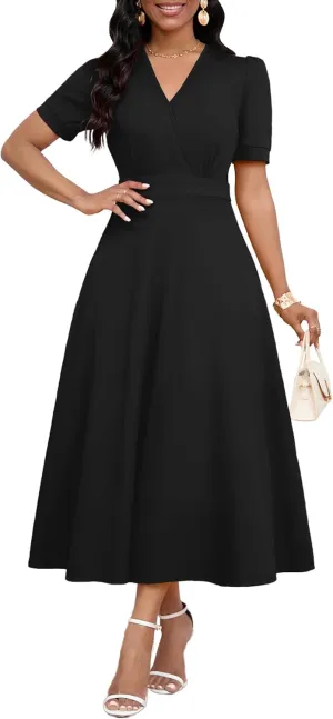 Womens Midi Dresses V Neck Cocktail Church Tea Dresses Short Sleeve A-Line Swing Dresses