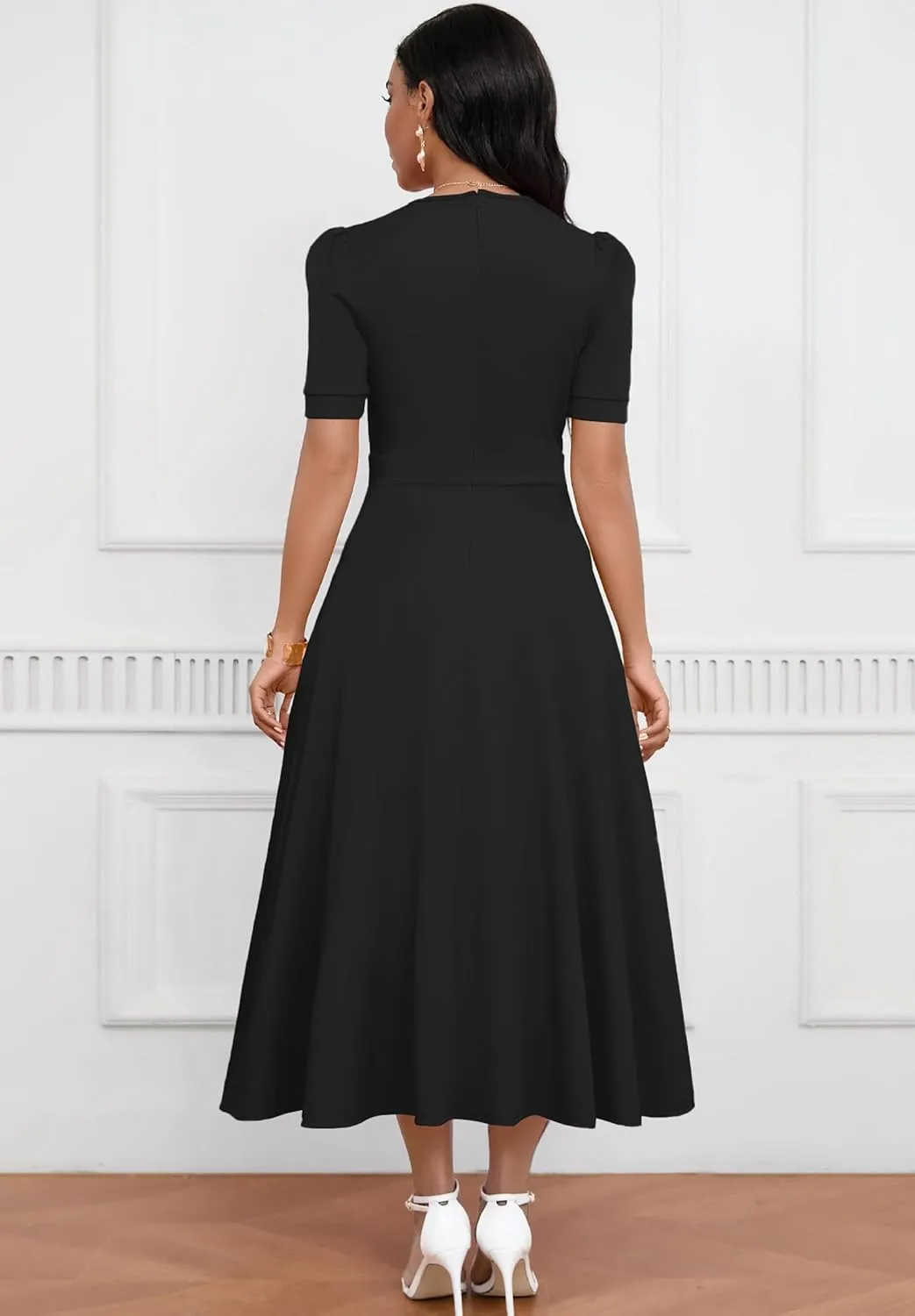 Womens Midi Dresses V Neck Cocktail Church Tea Dresses Short Sleeve A-Line Swing Dresses