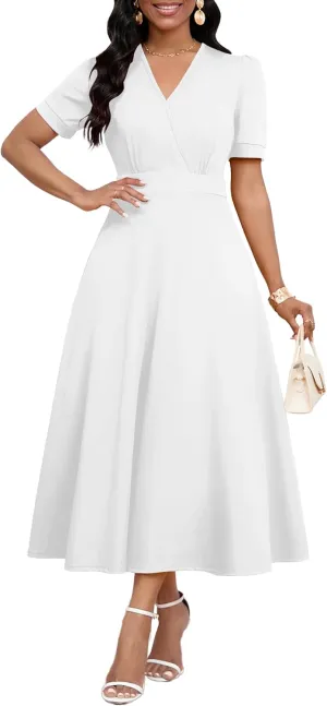 Womens Midi Dresses V Neck Cocktail Church Tea Dresses Short Sleeve A-Line Swing Dresses