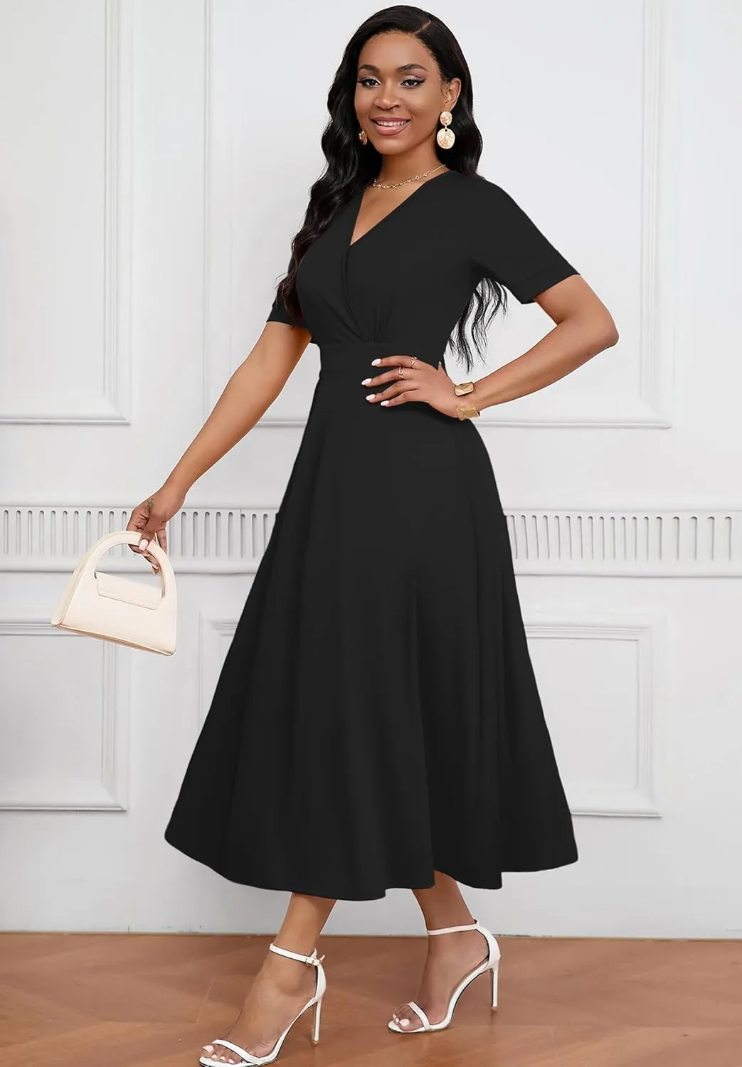 Womens Midi Dresses V Neck Cocktail Church Tea Dresses Short Sleeve A-Line Swing Dresses