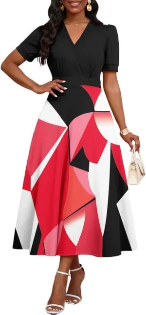 Womens Midi Dresses V Neck Cocktail Church Tea Dresses Short Sleeve A-Line Swing Dresses