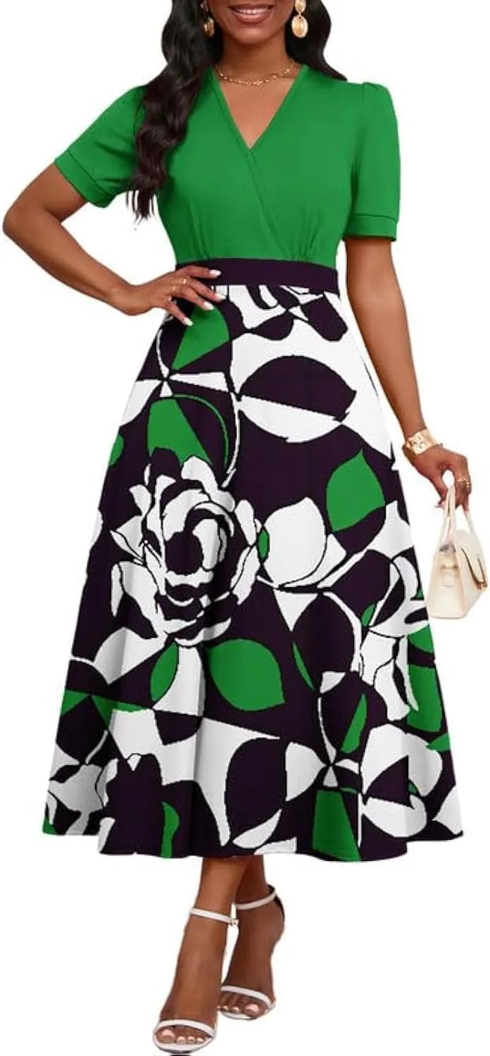 Womens Midi Dresses V Neck Cocktail Church Tea Dresses Short Sleeve A-Line Swing Dresses