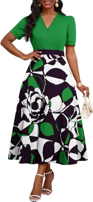 Womens Midi Dresses V Neck Cocktail Church Tea Dresses Short Sleeve A-Line Swing Dresses