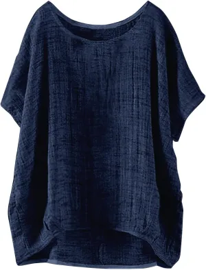 Womens Oversized Baggy Cotton Linen Shirt 2025 Spring Summer Short Sleeve Trendy Blouse Simple Solid Color Casual Top