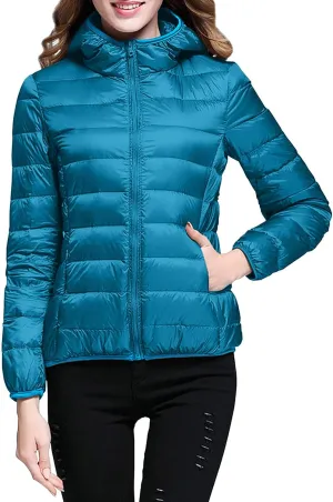 Womens Packable Lightweight Puffer Jacket Long Sleeve Hooded Winter Coats Full Zip Puffy Down Jackets with Pockets