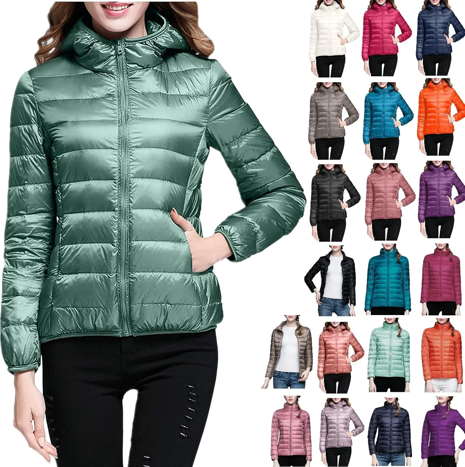 Womens Packable Lightweight Puffer Jacket Long Sleeve Hooded Winter Coats Full Zip Puffy Down Jackets with Pockets