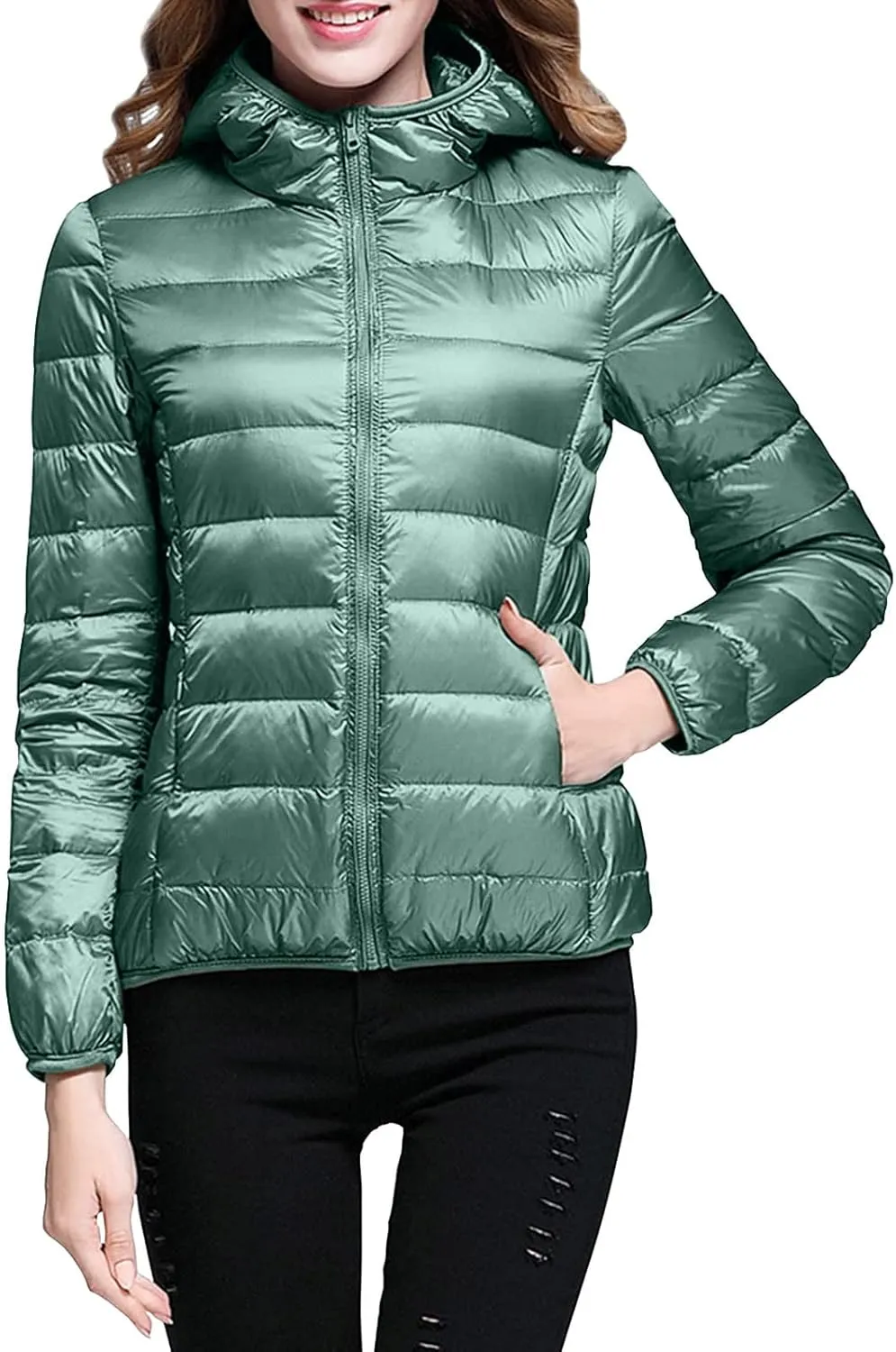 Womens Packable Lightweight Puffer Jacket Long Sleeve Hooded Winter Coats Full Zip Puffy Down Jackets with Pockets