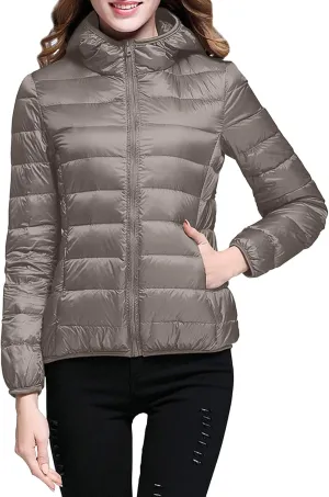 Womens Packable Lightweight Puffer Jacket Long Sleeve Hooded Winter Coats Full Zip Puffy Down Jackets with Pockets