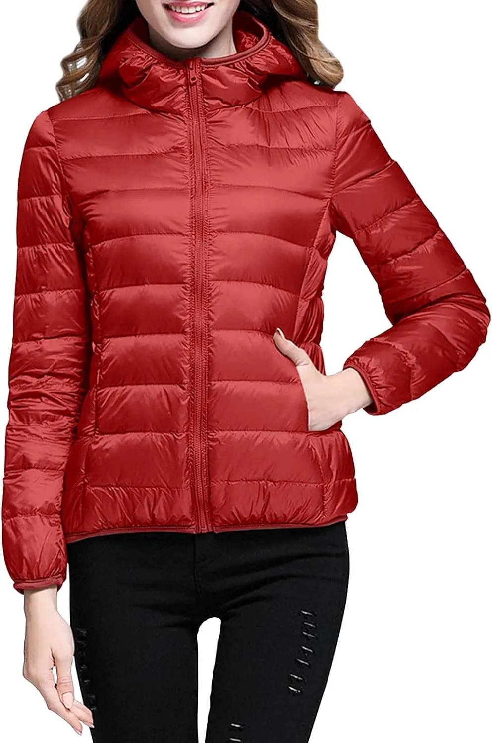 Womens Packable Lightweight Puffer Jacket Long Sleeve Hooded Winter Coats Full Zip Puffy Down Jackets with Pockets