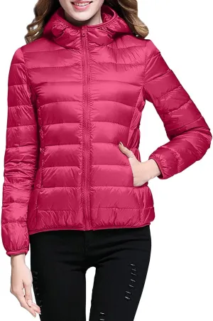 Womens Packable Lightweight Puffer Jacket Long Sleeve Hooded Winter Coats Full Zip Puffy Down Jackets with Pockets