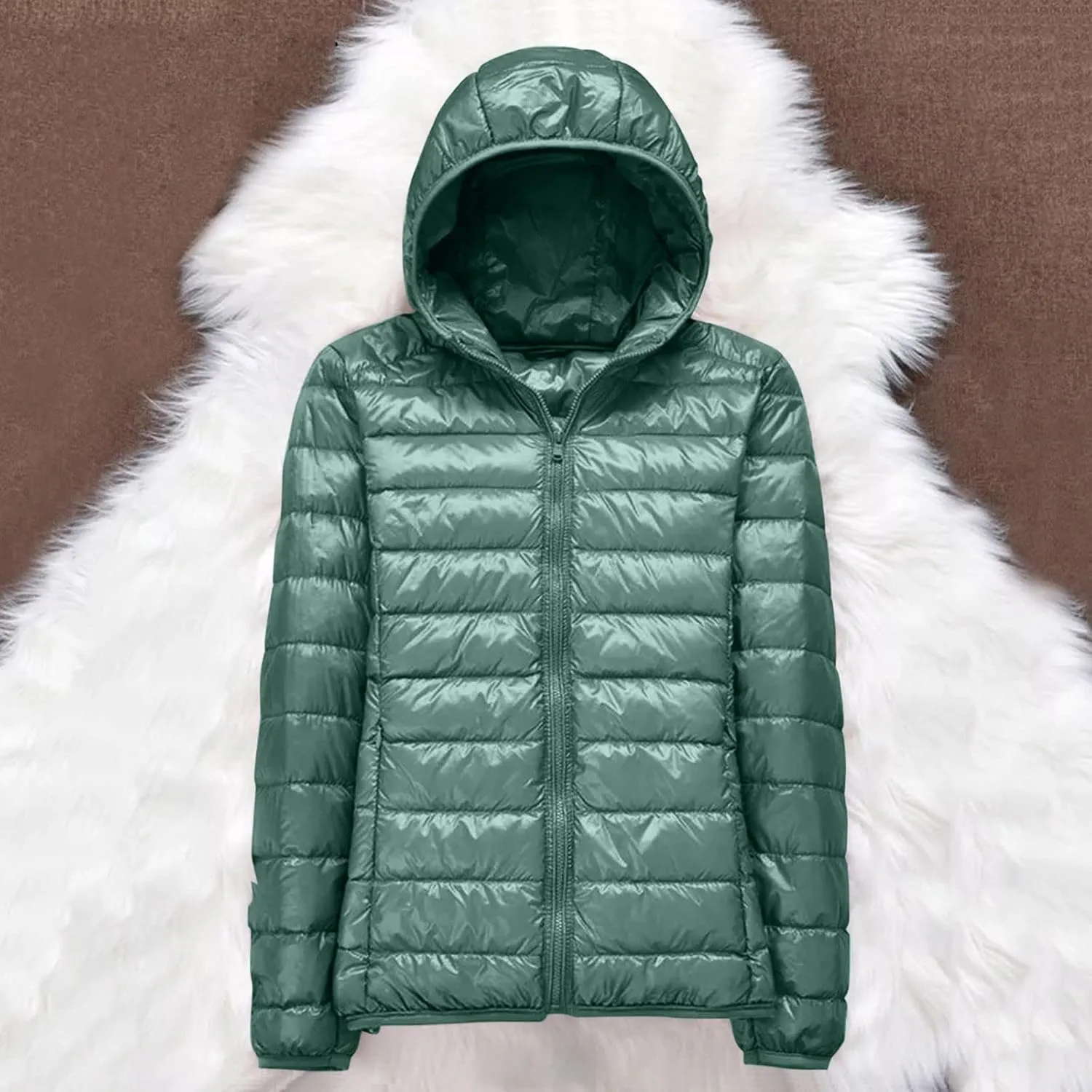 Womens Packable Lightweight Puffer Jacket Long Sleeve Hooded Winter Coats Full Zip Puffy Down Jackets with Pockets
