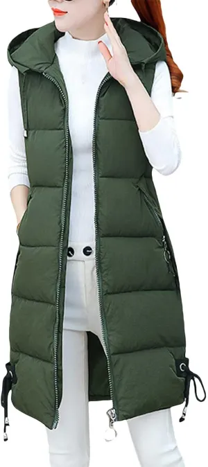 Women's Sleeveless Long Jacket 2023 Fashion Simple Solid Color Puffer Hooded Vest Winter Full-Zipper Packable Down Jackets