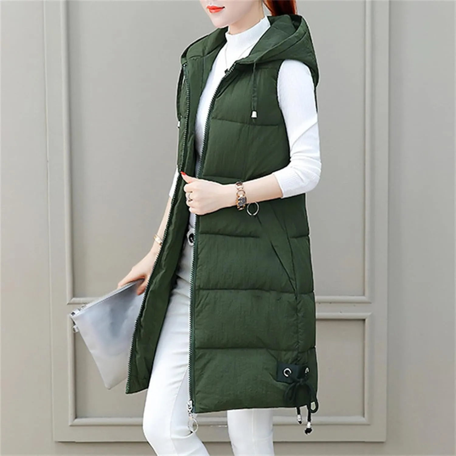 Women's Sleeveless Long Jacket 2023 Fashion Simple Solid Color Puffer Hooded Vest Winter Full-Zipper Packable Down Jackets