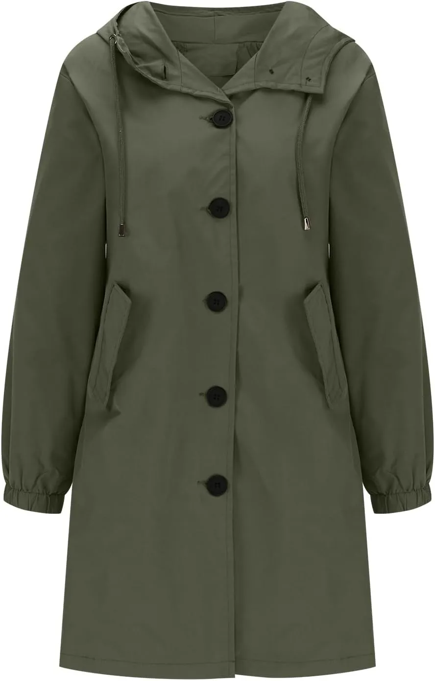 Women's Waterproof Trench Coat Long Sleeve Double Breasted Oversized Rain Jacket Hooded Windbreaker Casual Raincoat