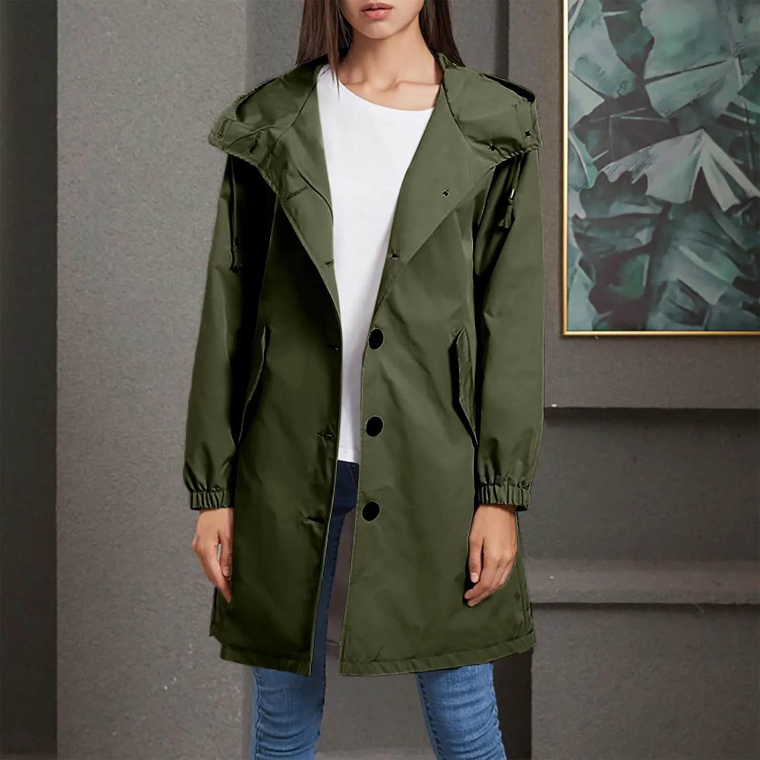 Women's Waterproof Trench Coat Long Sleeve Double Breasted Oversized Rain Jacket Hooded Windbreaker Casual Raincoat