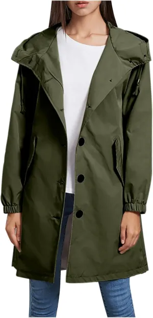 Women's Waterproof Trench Coat Long Sleeve Double Breasted Oversized Rain Jacket Hooded Windbreaker Casual Raincoat