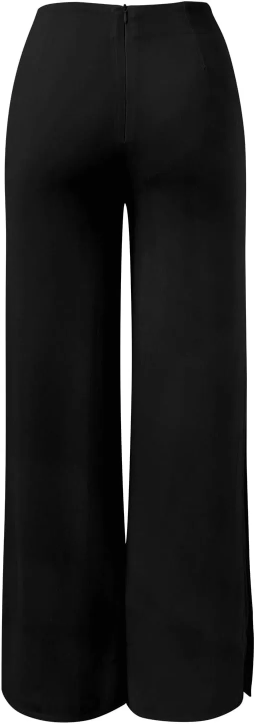 Women's Wide Leg Chiffon Dress Pants High Waist Straight Leg Pants Flared Palazzo Flowy Layered Boho Long Trousers