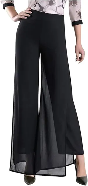 Women's Wide Leg Chiffon Dress Pants High Waist Straight Leg Pants Flared Palazzo Flowy Layered Boho Long Trousers