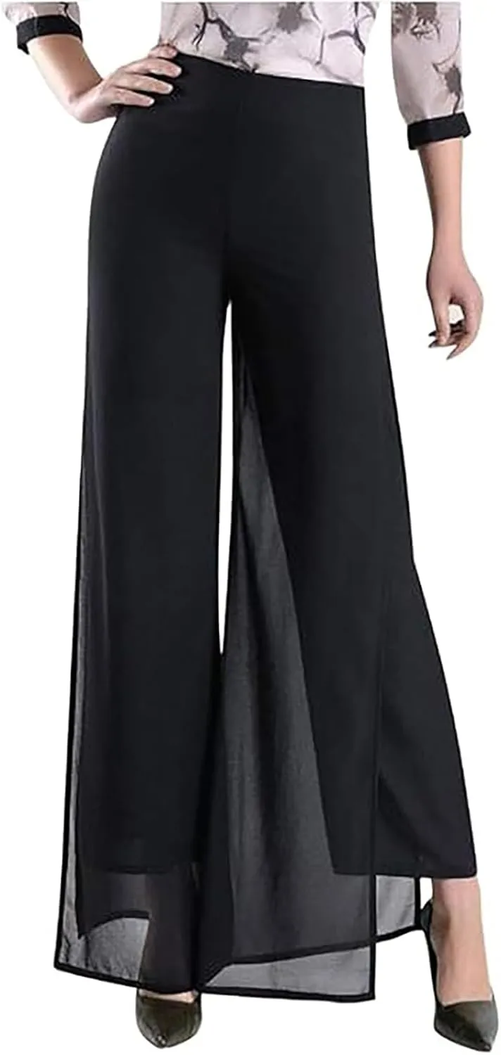 Women's Wide Leg Chiffon Dress Pants High Waist Straight Leg Pants Flared Palazzo Flowy Layered Boho Long Trousers