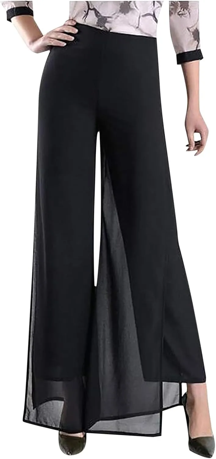 Women's Wide Leg Chiffon Dress Pants High Waist Straight Leg Pants Flared Palazzo Flowy Layered Boho Long Trousers