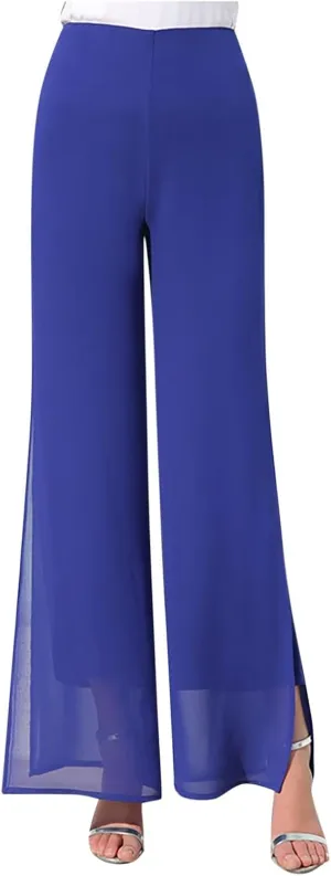 Women's Wide Leg Chiffon Dress Pants High Waist Straight Leg Pants Flared Palazzo Flowy Layered Boho Long Trousers