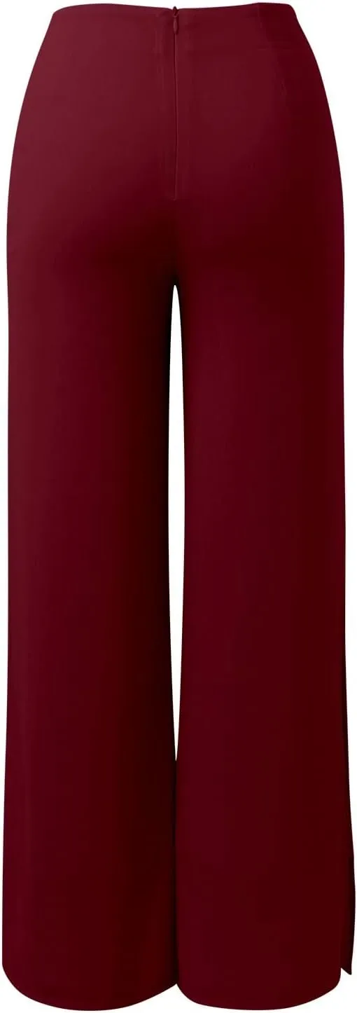 Women's Wide Leg Chiffon Dress Pants High Waist Straight Leg Pants Flared Palazzo Flowy Layered Boho Long Trousers