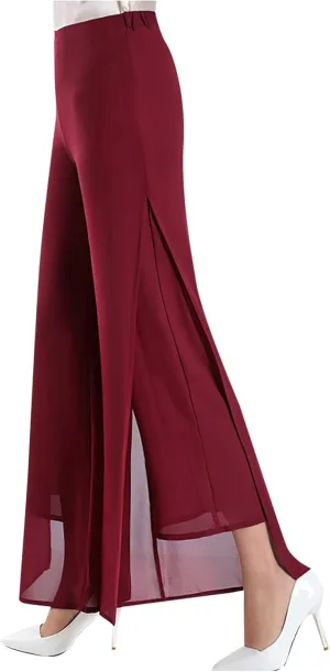 Women's Wide Leg Chiffon Dress Pants High Waist Straight Leg Pants Flared Palazzo Flowy Layered Boho Long Trousers