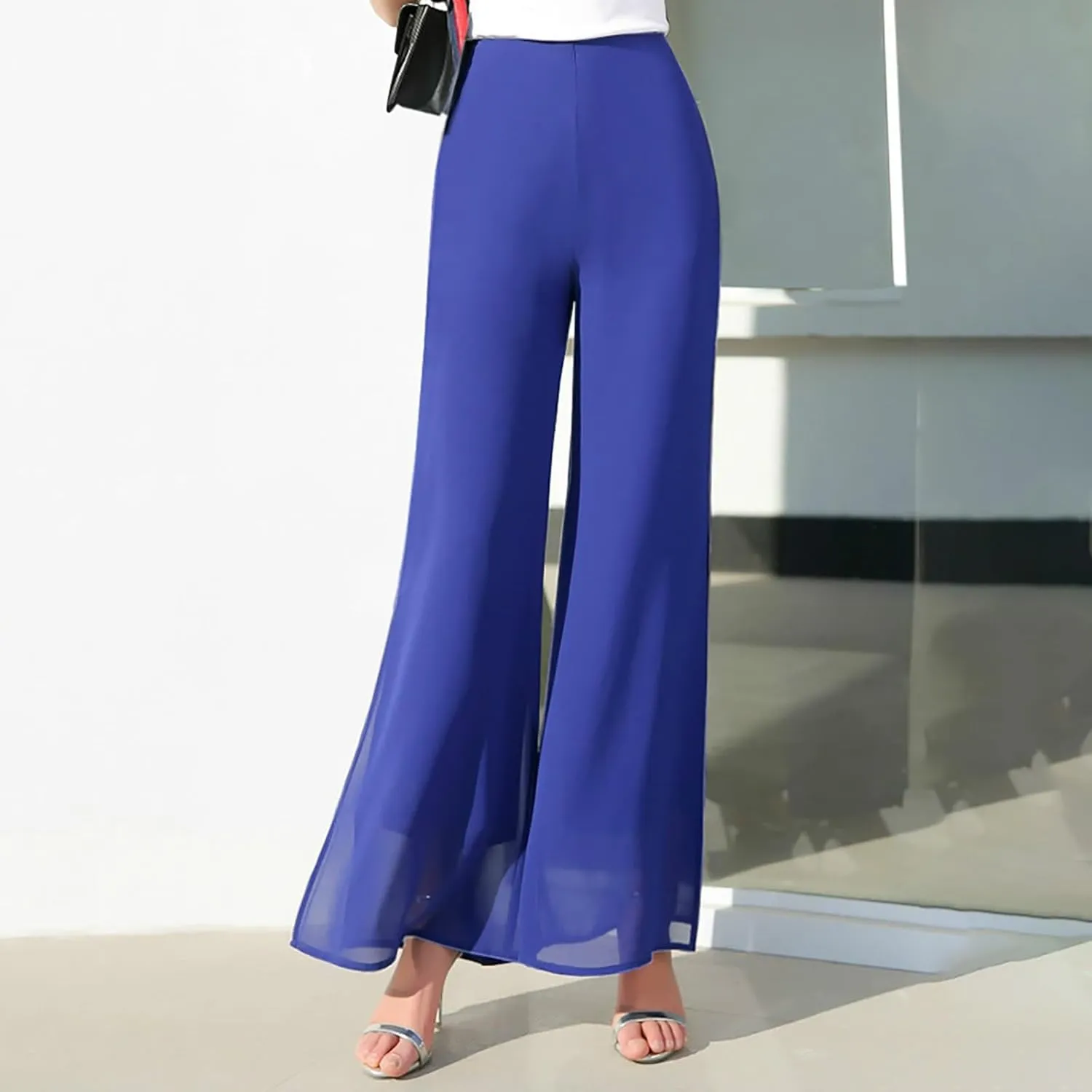 Women's Wide Leg Chiffon Dress Pants High Waist Straight Leg Pants Flared Palazzo Flowy Layered Boho Long Trousers