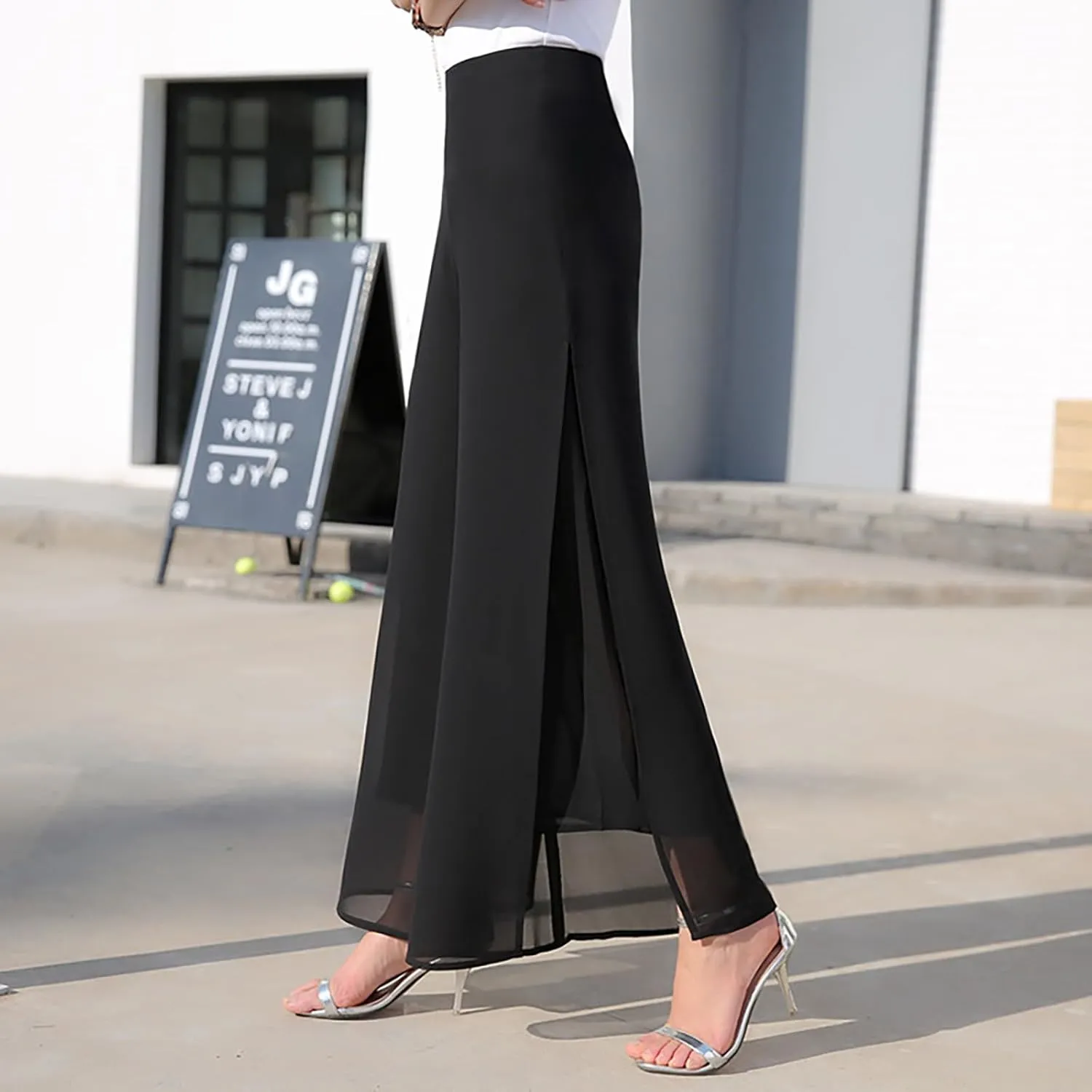 Women's Wide Leg Chiffon Dress Pants High Waist Straight Leg Pants Flared Palazzo Flowy Layered Boho Long Trousers