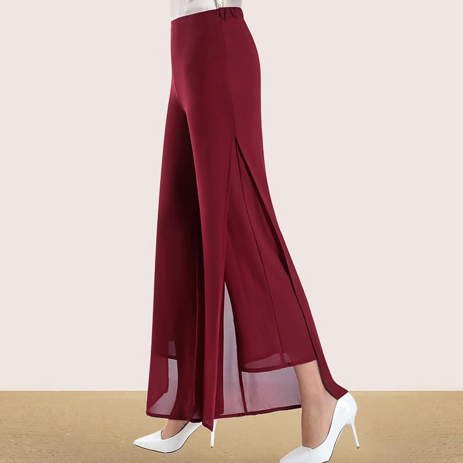 Women's Wide Leg Chiffon Dress Pants High Waist Straight Leg Pants Flared Palazzo Flowy Layered Boho Long Trousers