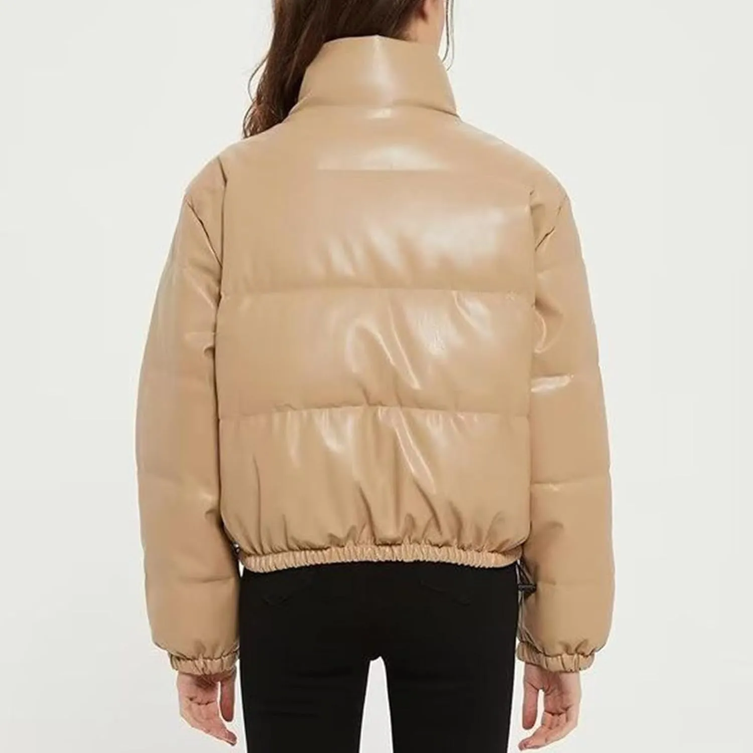 Women's Winter Fashion High Neck Down Jacket Crop Puffer Jacket Teen Girl Padded Jacket Y2K Pockets Baggy Short Coats