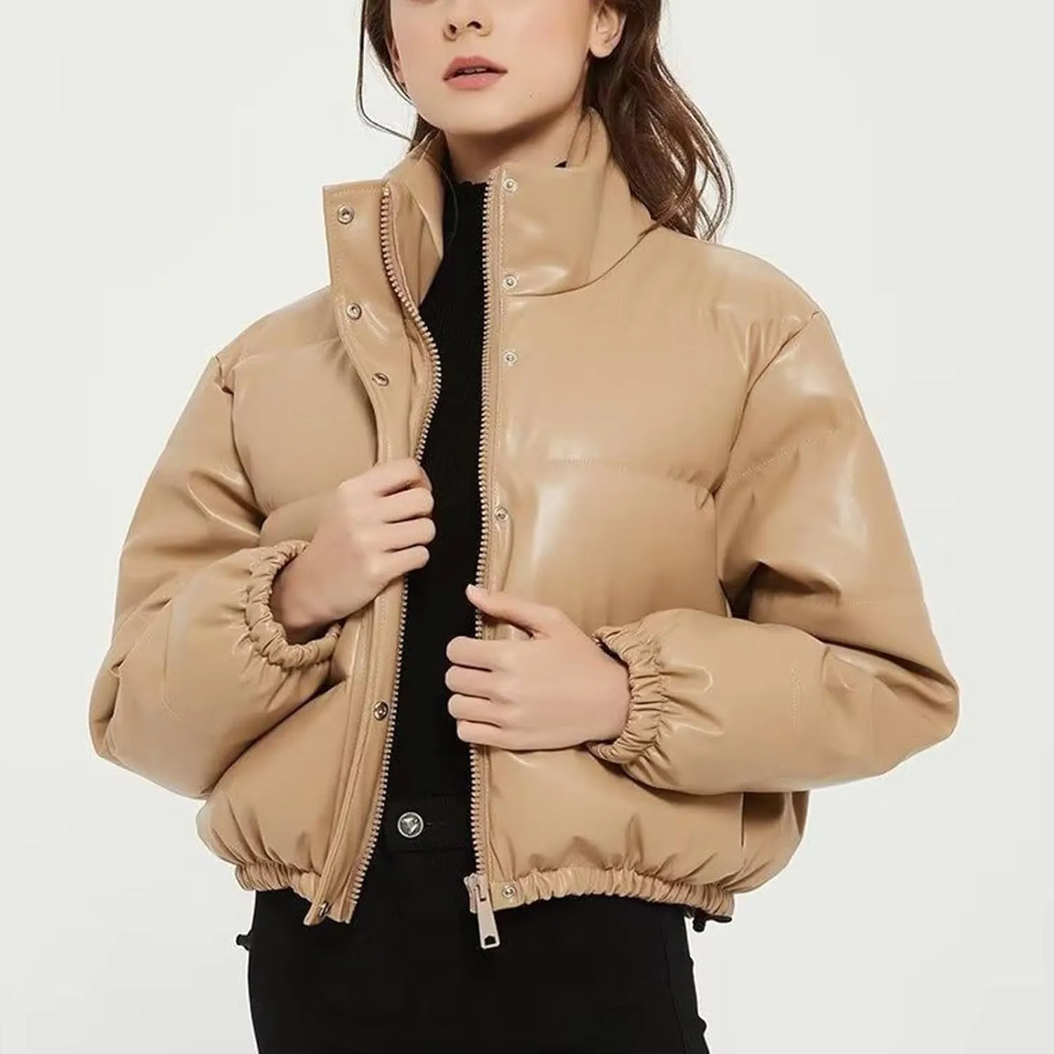 Women's Winter Fashion High Neck Down Jacket Crop Puffer Jacket Teen Girl Padded Jacket Y2K Pockets Baggy Short Coats