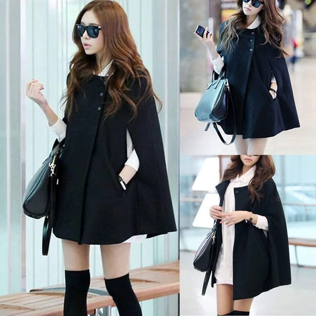 Women's Winter Wool Blend Coats Trendy Warm Baggy Oversized Shawl Wraps Cloak Trench Coat Short Poncho Cape Outwear