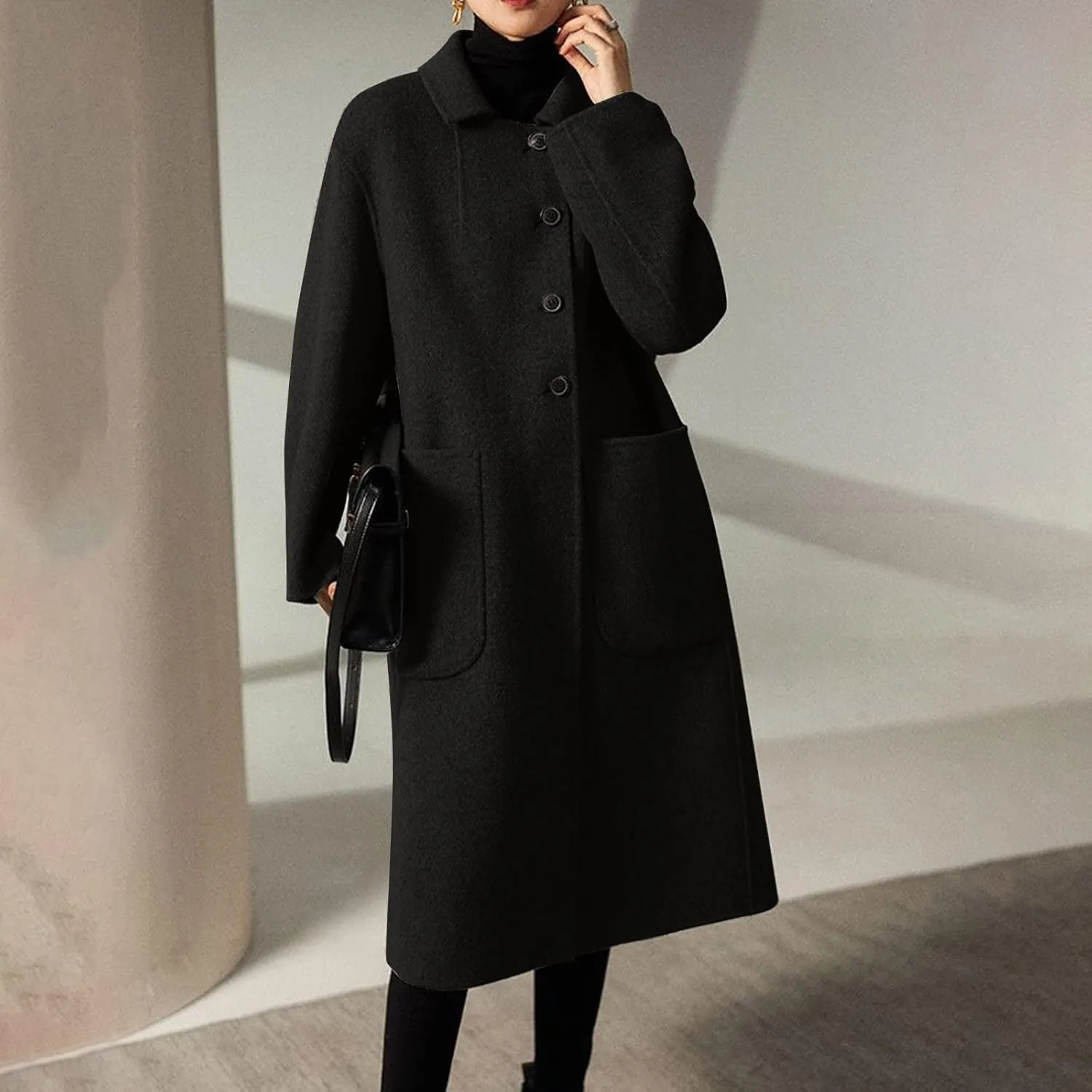 Women's Winter Wool Coat Casual Lapel Single-Breasted Peacoat Long Trench Coat Open Front Cardigan Pea Coat Overcoat