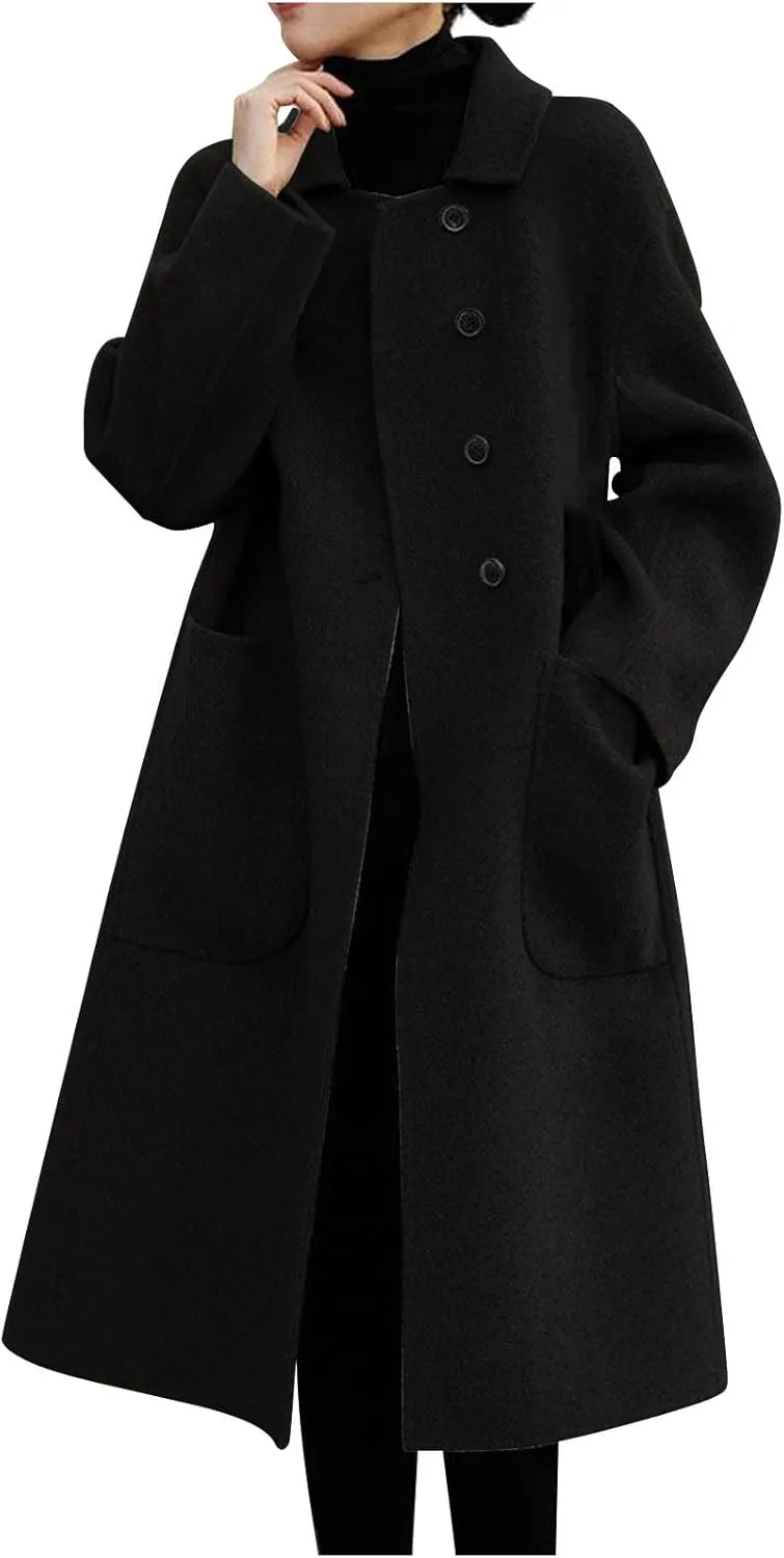 Women's Winter Wool Coat Casual Lapel Single-Breasted Peacoat Long Trench Coat Open Front Cardigan Pea Coat Overcoat