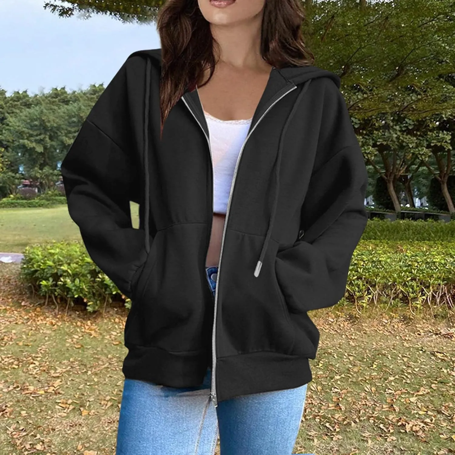 Womens Zip Up Hoodies Y2k Long Sleeve Oversized Hoodies Tunic Cute Sweatshirts Fleece Winter Fall Jackets 2024
