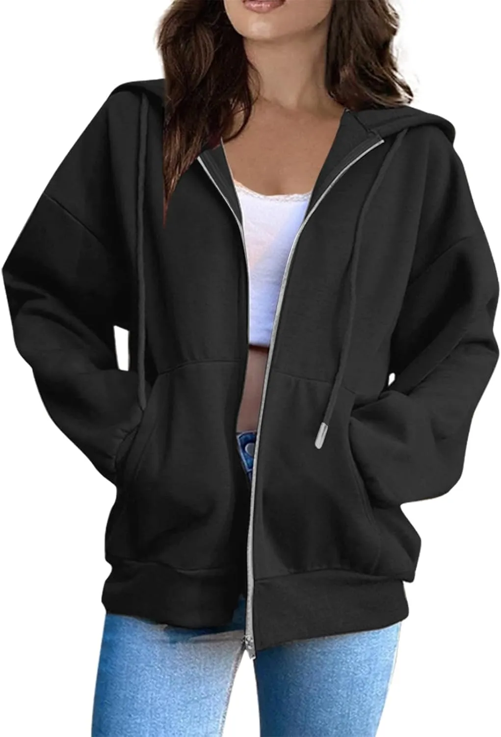 Womens Zip Up Hoodies Y2k Long Sleeve Oversized Hoodies Tunic Cute Sweatshirts Fleece Winter Fall Jackets 2024