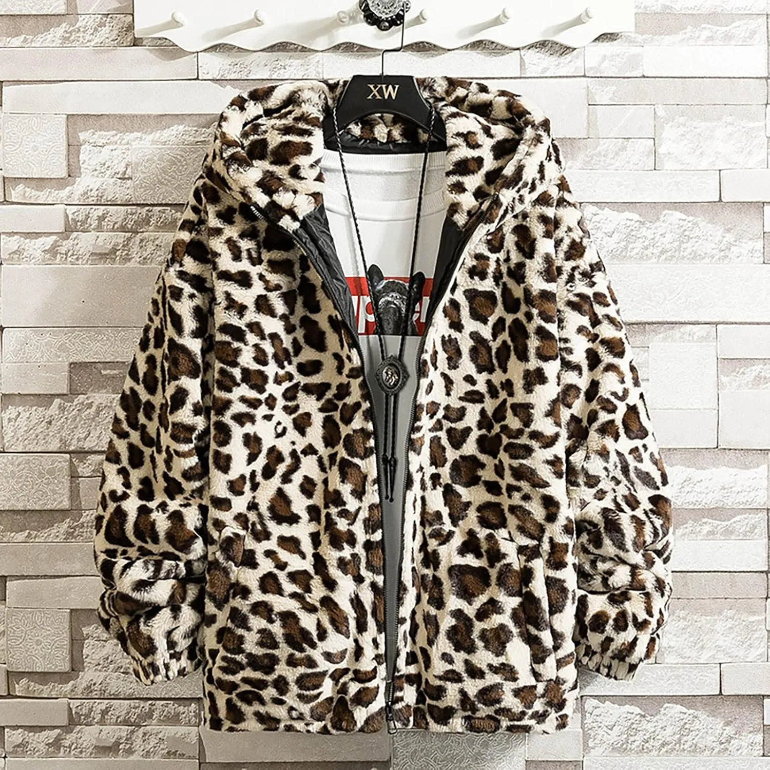 XUNRYAN Hoodies for Men Big and Tall Winter Jackets with Hood Fuzzy Full Zip Up Fleece Leopard Faux-Fur Coats Outerwear