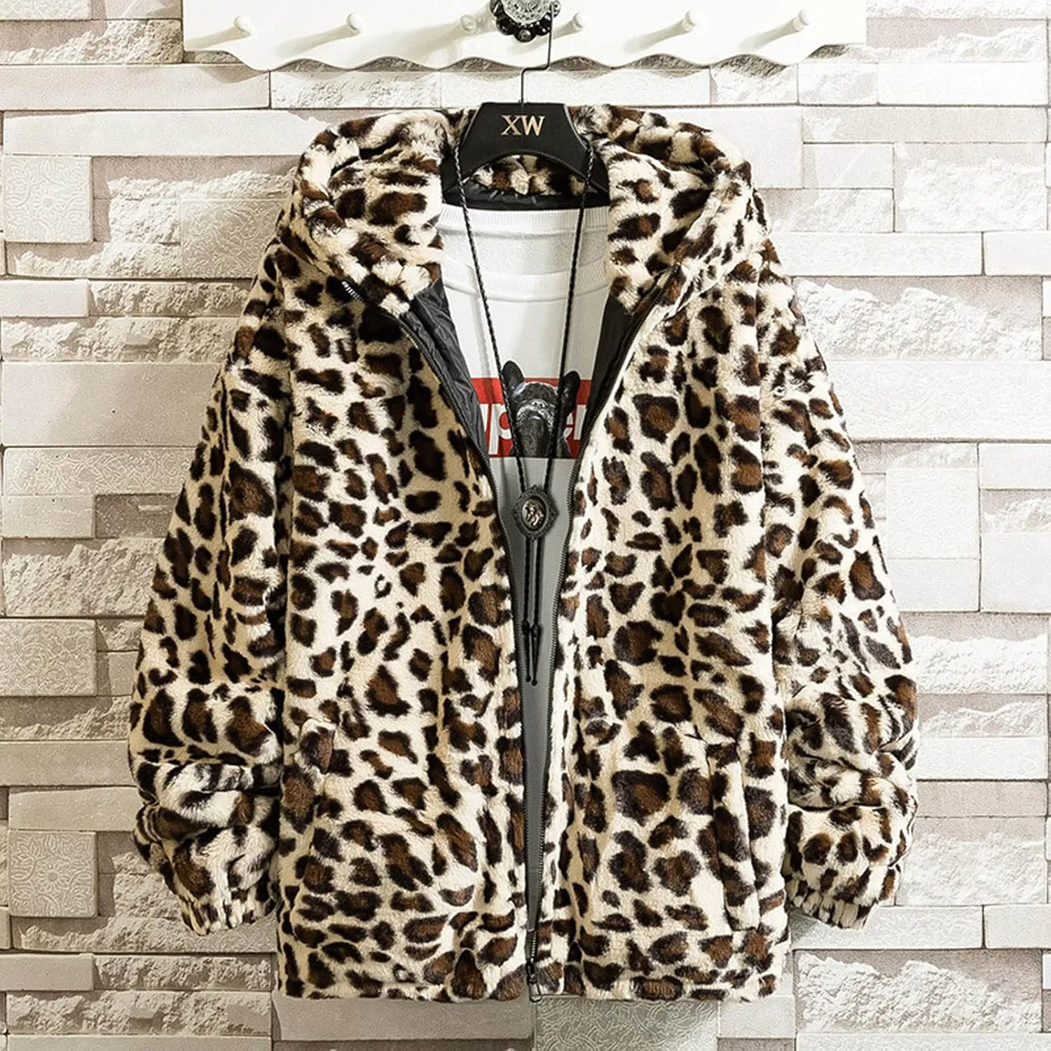 XUNRYAN Hoodies for Men Big and Tall Winter Jackets with Hood Fuzzy Full Zip Up Fleece Leopard Faux-Fur Coats Outerwear