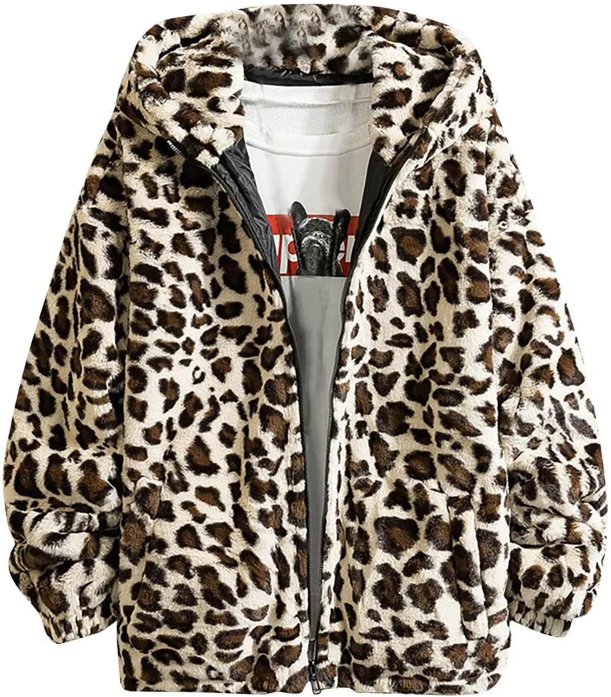 XUNRYAN Hoodies for Men Big and Tall Winter Jackets with Hood Fuzzy Full Zip Up Fleece Leopard Faux-Fur Coats Outerwear