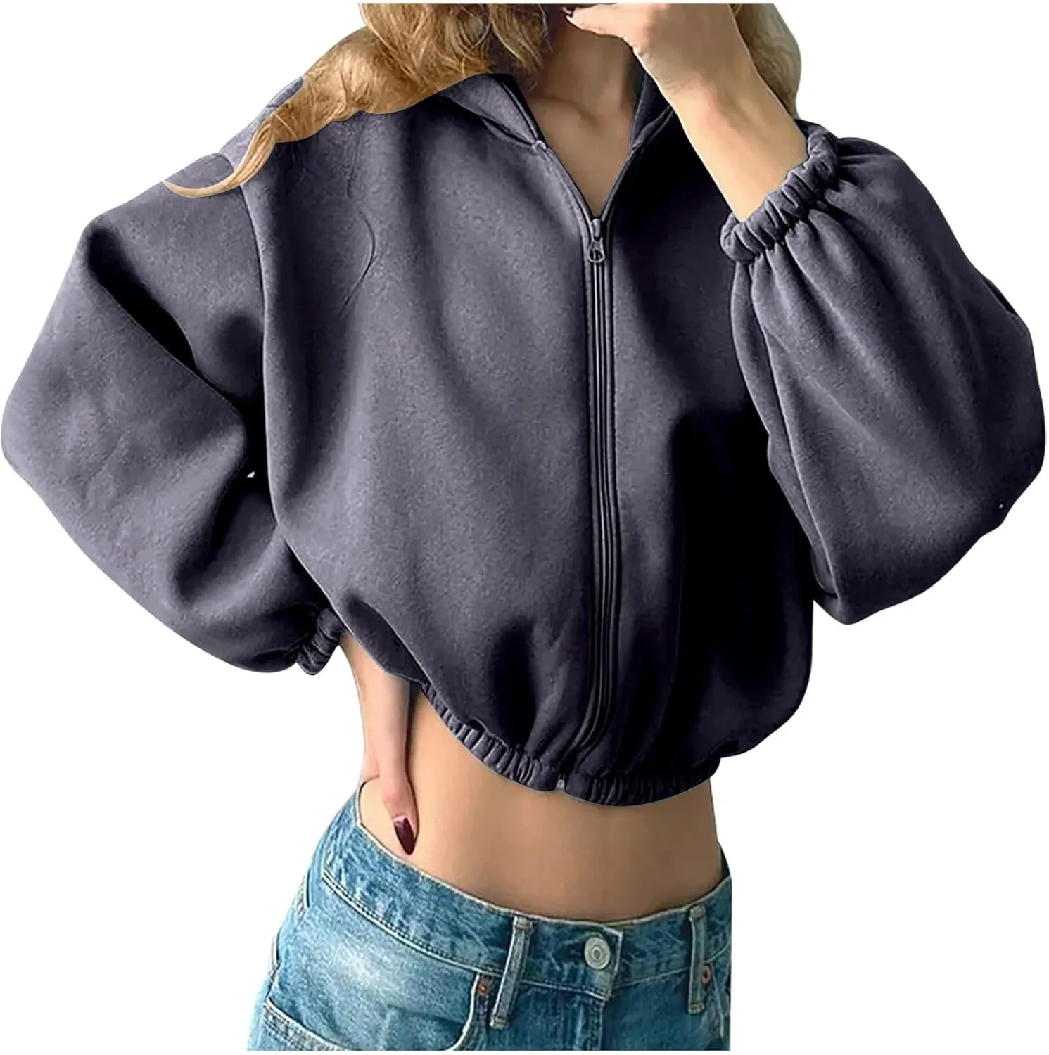 XUNRYAN Women Hoodies Lightweight Thin Fleece Jackets Short Winter Coats Hooded Warm Cropped Outerwear Y2K Clothes Streetwear